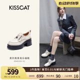 KISSCAT接吻猫女鞋[奥利奥]厚底乐福鞋女秋冬季新款百搭系带JK真皮小皮鞋 米色牛皮革 36