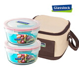 Glasslock 进口耐热钢化玻璃保鲜盒便当饭盒可微波加厚耐摔硅胶圈颜色随机 高性价比|圆730ml*2+包