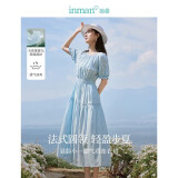 茵曼优雅亚麻提花女装纯色连衣裙夏季松紧收腰中长裙子 浅蓝色 XL