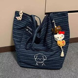 茯见韩系休闲条纹帆布包女2026新款大容量单肩托特包双面背通勤腋下包 潦草小狗牛仔双面包【不带挂件】