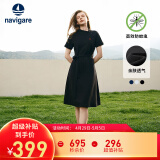 Navigare意大利小帆船短袖连衣裙女士夏季棉质斜领裙子时尚显瘦半袖a字裙 暗夜黑 L 码