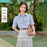 茵曼通勤压褶泡泡袖全棉衬衫夏季女装翻领刺绣衬衣上衣 浅蓝色  M