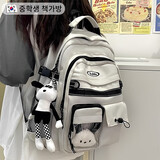 JCZS韩系ins风书包初中女生男小众高颜值痛包高中轻便大容量减负护脊 轻便减负[灰色]送黑耳小狗+黑格