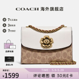 COACH蔻驰女包奢侈品大牌女士轻奢包包单肩斜挎小方包山茶花情人节礼物 【保税仓发货】卡其配白