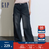Gap女装春秋纯棉工装风阔腿裤时尚百搭宽松牛仔裤873049 黑色 27亚洲尺码