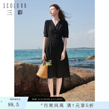 三彩【冰氧连衣裙】2024夏季新款碎花法式V领收腰A字裙浪漫中长裙 黑色 S 155/80A