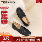 天美意女鞋子软底英伦乐福鞋平底小皮鞋女通勤一脚蹬复古单鞋2025秋新款 黑色 36
