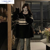 壹源港黑白条纹毛衣女宽松外穿慵懒风百搭显瘦秋冬新款针织衫上衣长袖潮 1239_黑色  M (建议90-105斤)