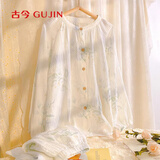 古今（GUJIN）新品纯棉100棉泡泡纱长袖睡衣女春夏家居服睡裤可外穿大码套装XL