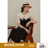 独束大码女装【双色可选】法式茶歇娃娃领连衣裙女夏装微胖mm裙子 芝麻黑 2XL