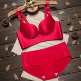 KJ文胸无钢圈内衣女无痕聚拢文胸套装调整型上薄下厚按摩一片式胸罩 本命年大红色套装 75B /75A=34AB通杯