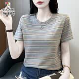 啄木鸟2026夏新款纯棉宽松时尚条纹短袖t恤女圆领百搭撞色减龄体恤上衣 灰色 2XL 建议120-130斤