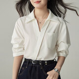 何佳功衬衫女短袖2025年春秋新款衬衣法式小众设计感气质V领上衣长袖 白色（短袖） L