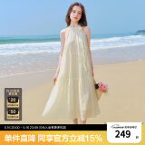 乐町山茶少女连衣裙24年夏季新款肌理感挂脖长裙度假风飘带连衣裙 米黄（现货2） S