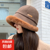 毛绒渔夫帽女冬季户外东北帽加绒加厚百搭保暖护耳日系优雅盆帽 咖色【新款皮标蒙古帽】 均码【M54-58】