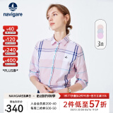 Navigare意大利小帆船长袖衬衫女士春季通勤百搭格子休闲修身内搭衬衣女装 洋红/白 L