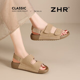 ZHR反绒牛皮凉鞋女夏季复古透气勃肯鞋女软底搭扣女鞋 IL02 卡其色35