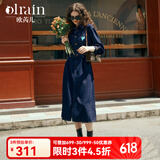 Olrain欧芮儿普鲁士蓝牛仔连衣裙女春装新款收腰刺绣减龄裙子 牛仔蓝 L