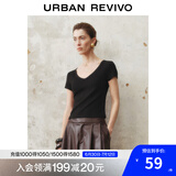 UR2025春季新款女时尚基础纯色修身短款V领短袖T恤UWB450004 黑色 XL