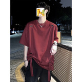 POUM短袖t恤男夏季新款宽松休闲男生体恤可调节绑带设计感男装上衣服 NJN-CC11酒红色 XL
