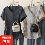 夏季新款扎染独特设计短袖t恤女大码宽松胖mm显瘦遮肚V领百搭上衣 K24-深灰色+卡其色 XL 建议体重115-130斤