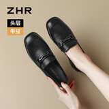 ZHR头层牛皮乐福鞋女复古通勤粗跟皮鞋女气质方头单鞋女 KL03 黑色37