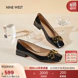 NINE WEST/玖熙低跟单鞋牛漆皮浅口方头金属饰扣工作女鞋NF445006FK 黑色39