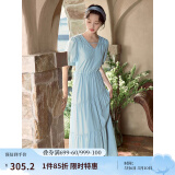 茵曼（INMAN）法式薄荷曼波连衣裙2024夏女装新品V领灯笼袖抽绳 绀蓝色 XL