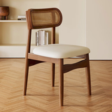 致喜中古风实木餐椅法式复古休闲酒店藤编椅子靠背椅家用软包餐桌凳子 胡桃色实木框架+米白色皮面