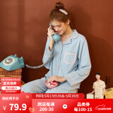 芬腾 睡衣女纯棉学生秋季季简约纯色长袖长裤翻领全棉开衫家居服套装 浅兰 2XL