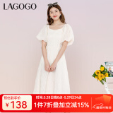 lagogo方领甜美法式中长裙女拉谷谷白色气质夏季新款淑女风连衣裙 米白色(V2) M 160/38