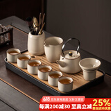 瓷牌茗茶具 汝窑茶具套装茶壶盖碗茶杯整套家用开片功夫茶具办公茶盘小套组 御煌提梁壶六杯10件套+茶道茶盘
