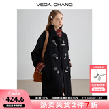 VEGA CHANG黑色毛呢子大衣女2024秋冬新款格纹中长款大衣 锆石黑 L