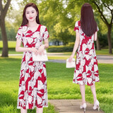 千鹅湖连衣裙女2025夏季新款冰丝中长裙大码宽松显瘦印花连衣裙妈 2506 裙子 减龄 红花 XL 建议【105斤以内】