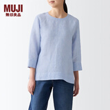 无印良品 MUJI 女式 亚麻水洗 七分袖罩衫 T恤 亚麻上衣 BCA25C2S 烟熏蓝色条纹 L(165/88A)