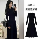 具趣赫本风黑色连衣裙子春秋季女装2025新款法式气质修身内搭打底长裙 黑色连衣裙 M 90-105斤