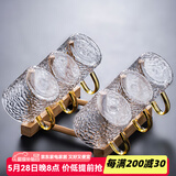 瓷牌茗茶具 玻璃茶杯大号透明玻璃品茗杯耐热小茶杯带把水杯功夫茶具主人杯 锤纹《直口》黄把杯6个+杯架