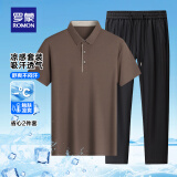 罗蒙（ROMON）【凉感弹力】短袖t恤套装男2025夏季新款休闲Polo上衣裤子两件套 咖啡色（上衣）+黑色（裤子） 2XL (建议140-160斤)