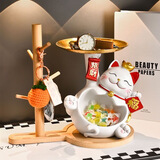 奇雅莱招财猫玄关钥匙收纳摆件入户鞋柜客厅家居装饰搬家乔迁新居礼品 微笑大肚招财猫+球拍木架