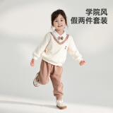 威尔贝鲁（WELLBER）童装儿童衣服长袖男女中小童学院风假两件套装25春米杏款90