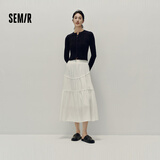 森马（Semir）半身裙女高腰松紧腰宽松A字塔裙优雅显高秋花边长裙温柔甜美 本白10102 M