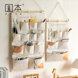 圆本布艺收纳挂袋床头门后杂物整理置物袋壁挂式多口袋储物袋家用 加厚帆布卡其波点五口