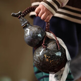 天命人网兜酒葫芦套装陶瓷热水壶古风便携高档700ml家用密封酒具 墨蓝天命人葫芦+手持飘带 700ml