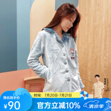 芬腾 珊瑚绒睡衣女冬季加厚法兰绒开衫加绒休闲秋冬款家居服套装 浅兰（卡通） S