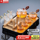 正扬玻璃功夫茶具套装家用锤纹花梨木双侧把泡茶壶耐热茶杯办公整套小 8头 锺侧花+6龙纹金+架+长琴黑