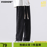 viishow新款潮牌休闲牛仔裤男士潮牌ins百搭直筒宽松阔腿长裤 黑灰 S