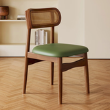 致喜中古风实木餐椅法式复古休闲酒店藤编椅子靠背椅家用软包餐桌凳子 胡桃色实木框架+果绿色皮面