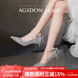奥古狮登（Agsdon）高跟鞋女气质蝴蝶结宴会鞋珍珠细跟单鞋浅口婚鞋送女神543211银39