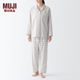 无印良品（MUJI） 女式 无侧缝双层纱织睡衣女士家居服春秋纯棉条纹格纹长袖 女款 浅米色格纹 S (上装155/80A下装155/62A)