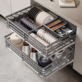 尔沫厨房拉篮橱柜抽屉式双层304不锈钢碗篮碗碟置物架柜内放碗架碗筷 不锈钢枪灰大四边拉篮600柜